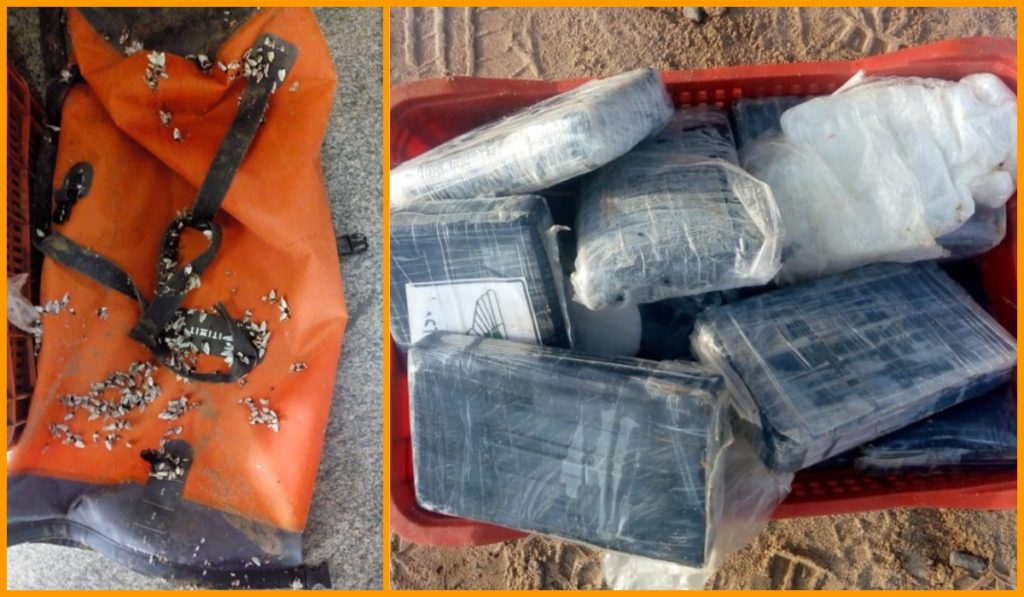 Mochila com pasta base de cocaína encontrada em praia da Bahia